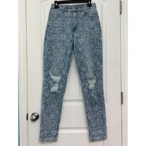 Gemma Rae Emoji Print Distressed Skinny Jeans Size 9/29 Y2K Novelty Streetwear